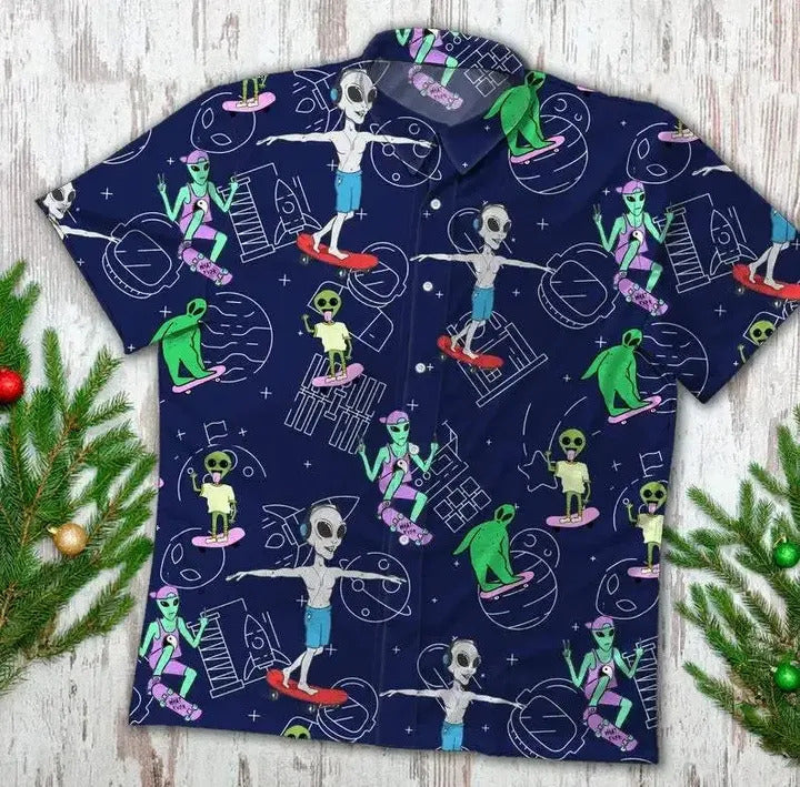 Alien Hawaii Shirt Playing Skateboard Pattern Blue Aloha Ha12218