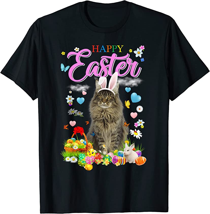 Bunny Maine Coon Cat Happy Easter Eggs T-Shirt