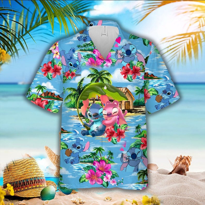 Stitch And Angel Happily In Love All Over Print 3D Hawaiian Shirt – Blue