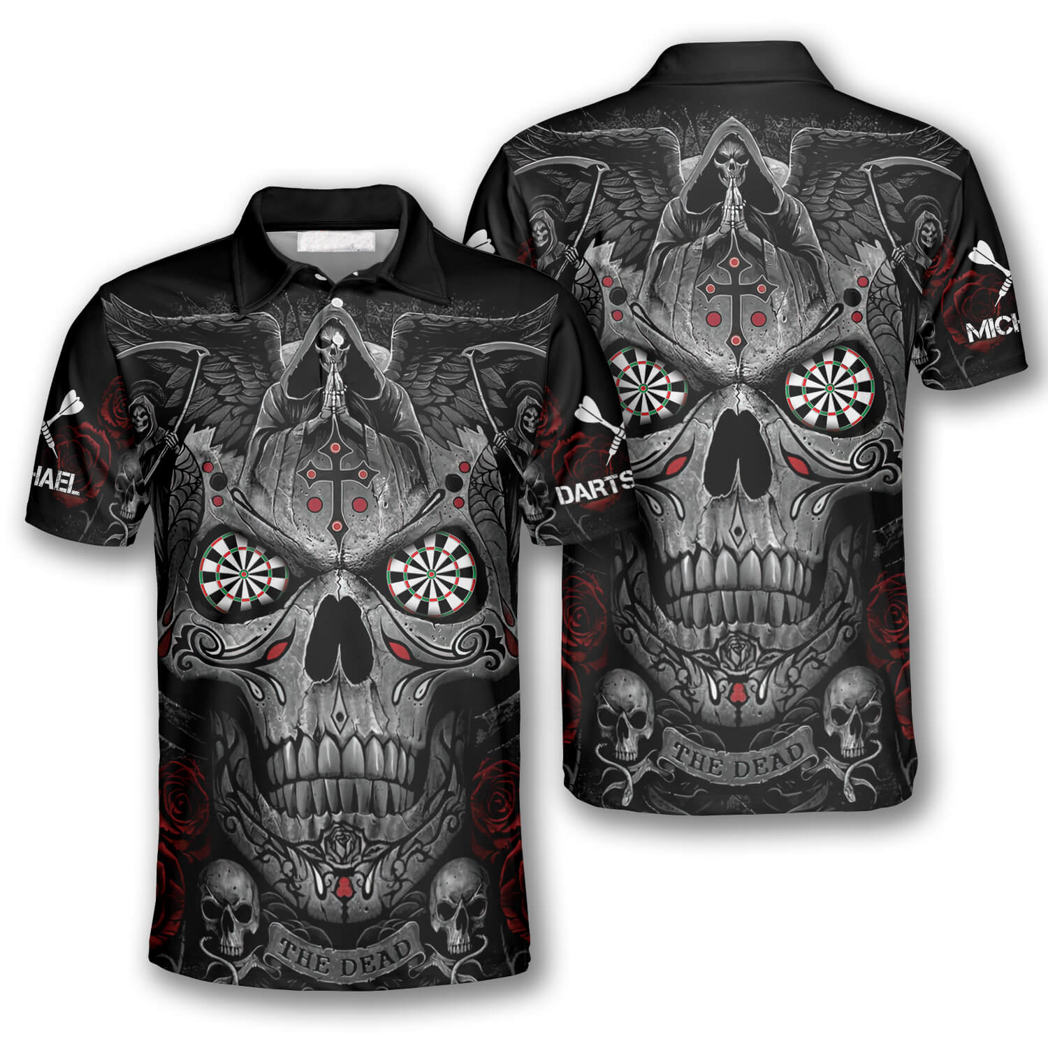 3D All Over Print Grim Reaper Praying Cross Skull Custom Darts Polo Shirts