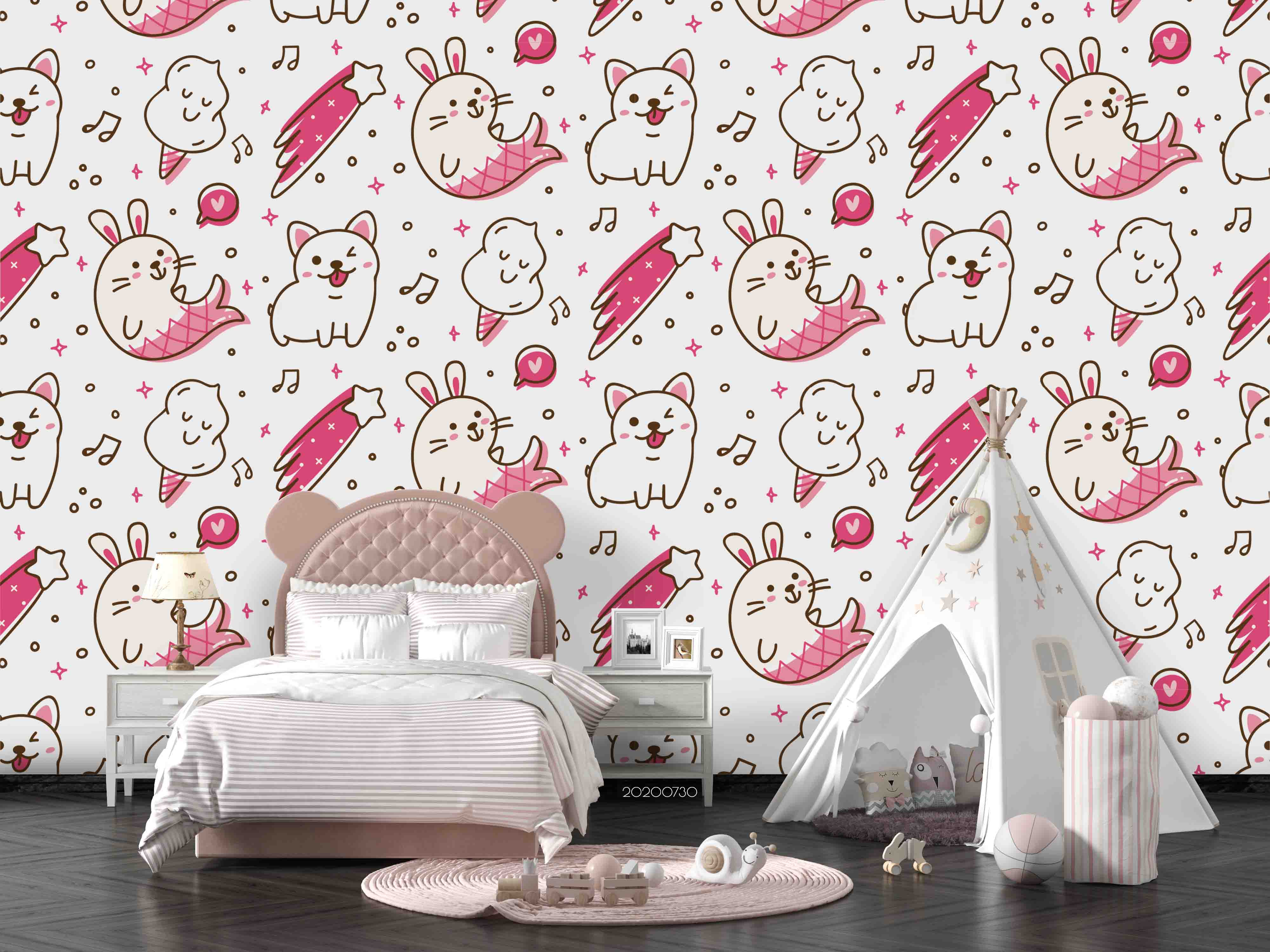 3D Cartoon Lovely Ice Cream Pink Rabbit Wall Mural Wallpaper Lxl 384