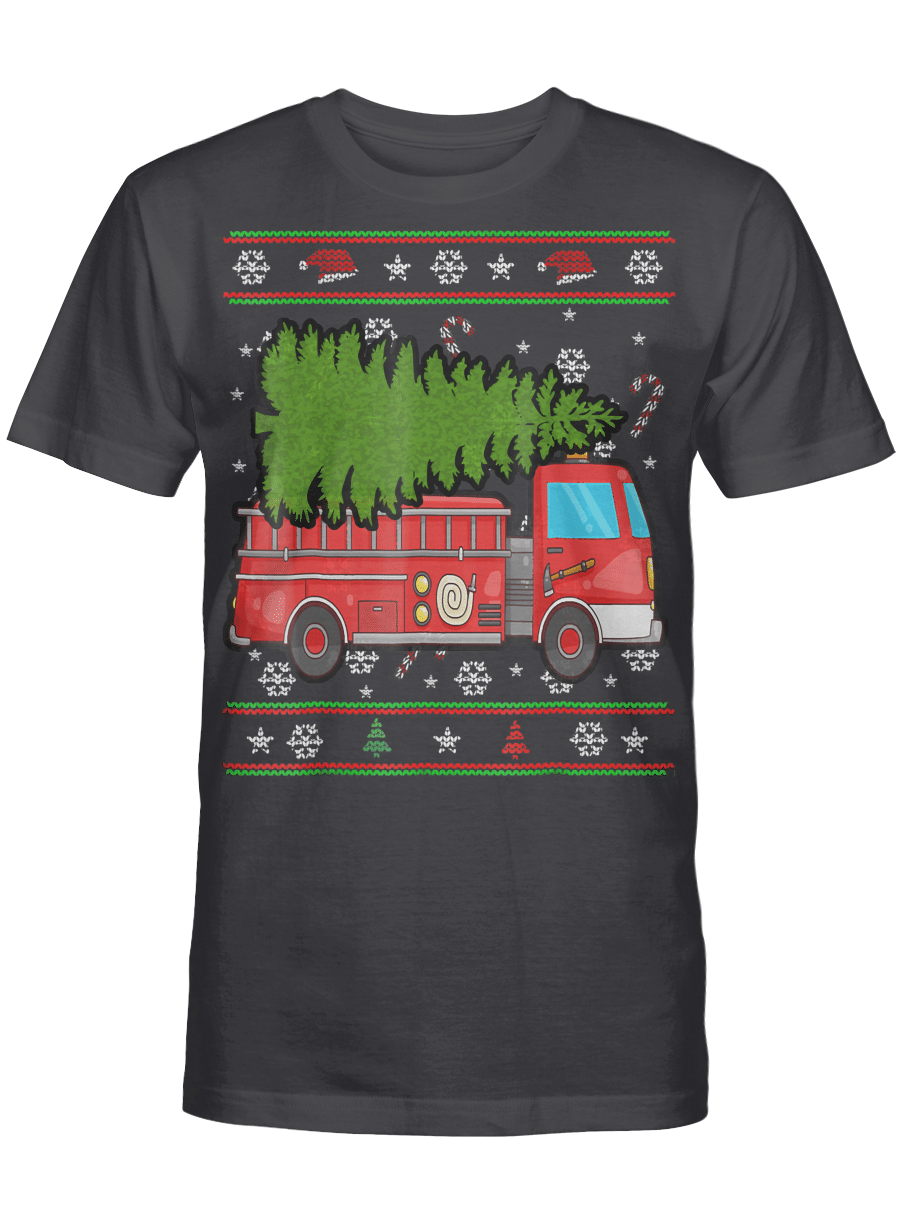 AmazeStyleZ Santa’s Reindeer, Ugly Christmas Sweater, Christmas Gift Ideas, FUNNY Fire Truck Firefighters Ugly Christmas Shirt with Tree