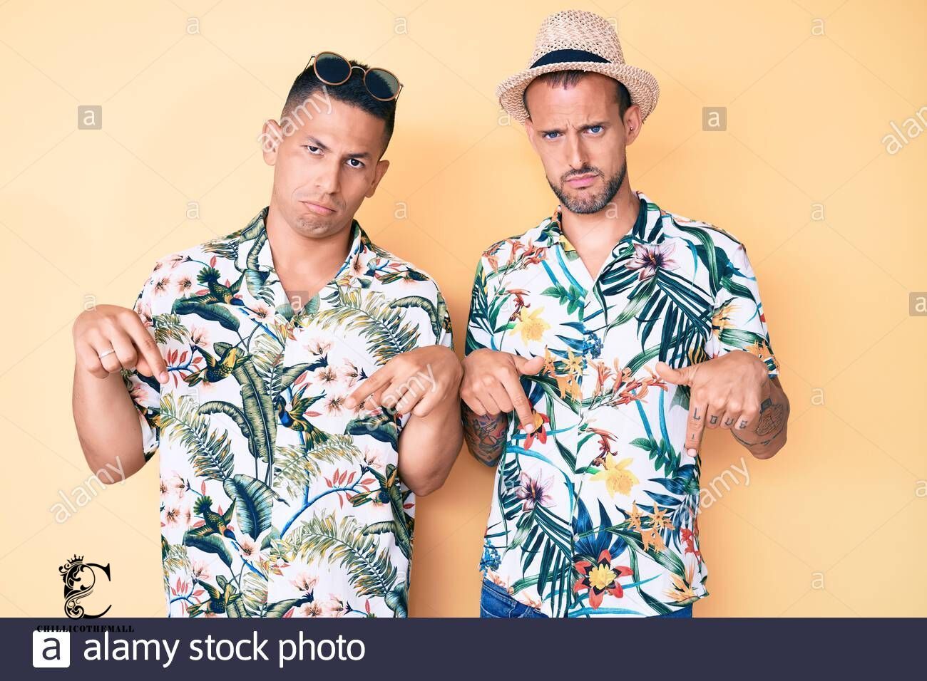 Young Gay Couple Of Two Men Wearing Summer Hat And Hawaiian Shirt Pointing Down Looking Sad And Upset,