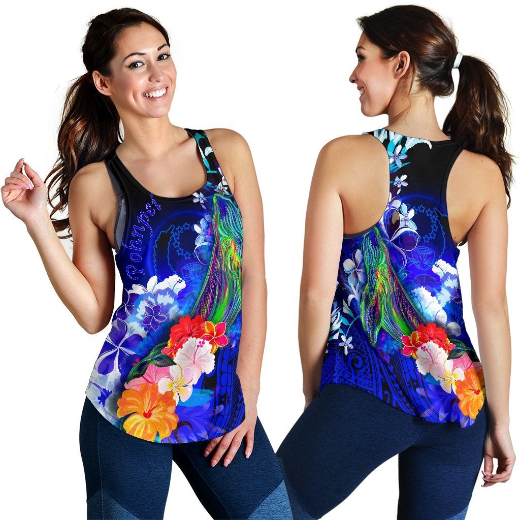 Pohnpei Women’S Racerback Tank – Humpback Whale With Tropical Flowers Blue