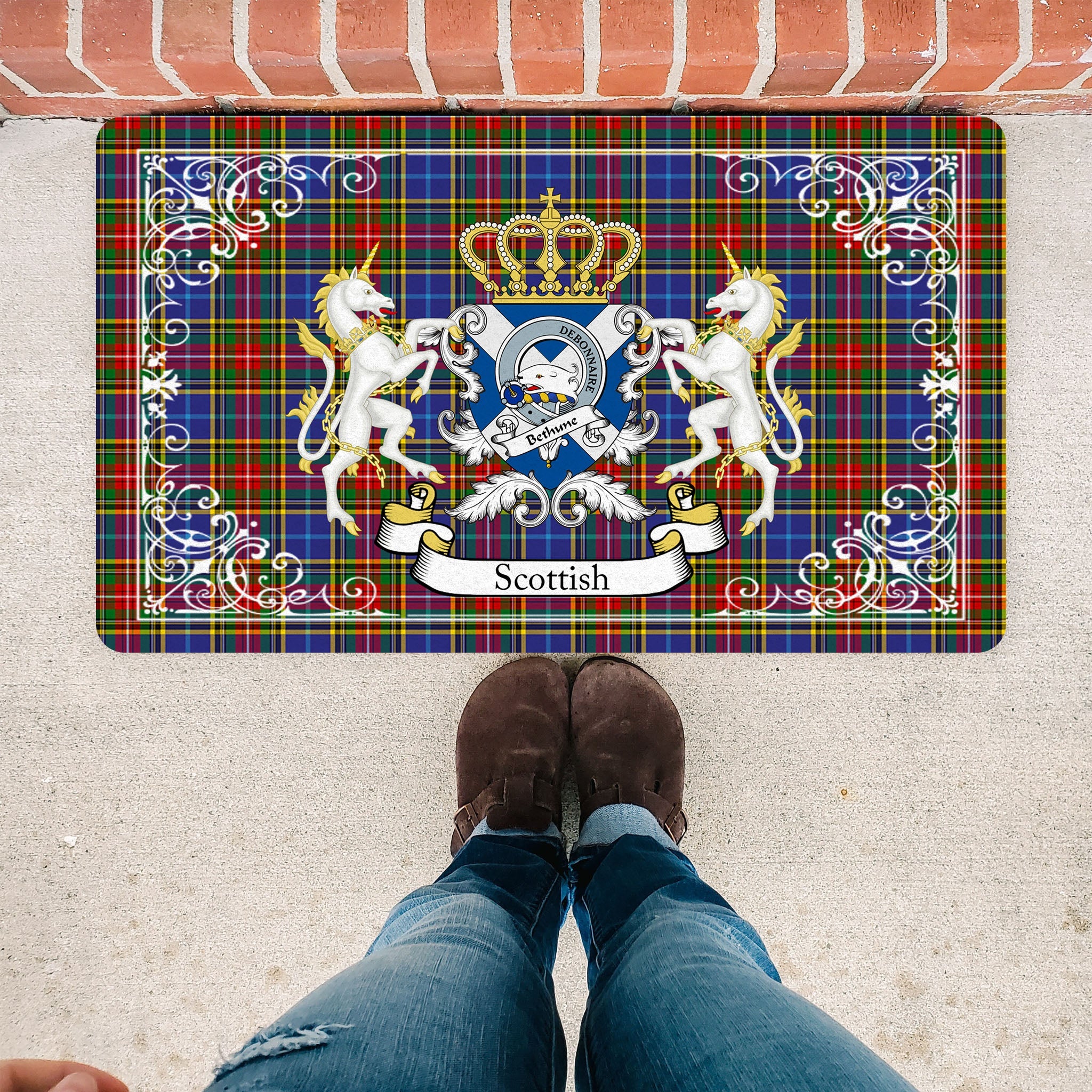 Scotstee Shop Tartan Door Mat Bethune Clan Badge Tartan Scottish Plaid Doormat, Christmas Door Mat