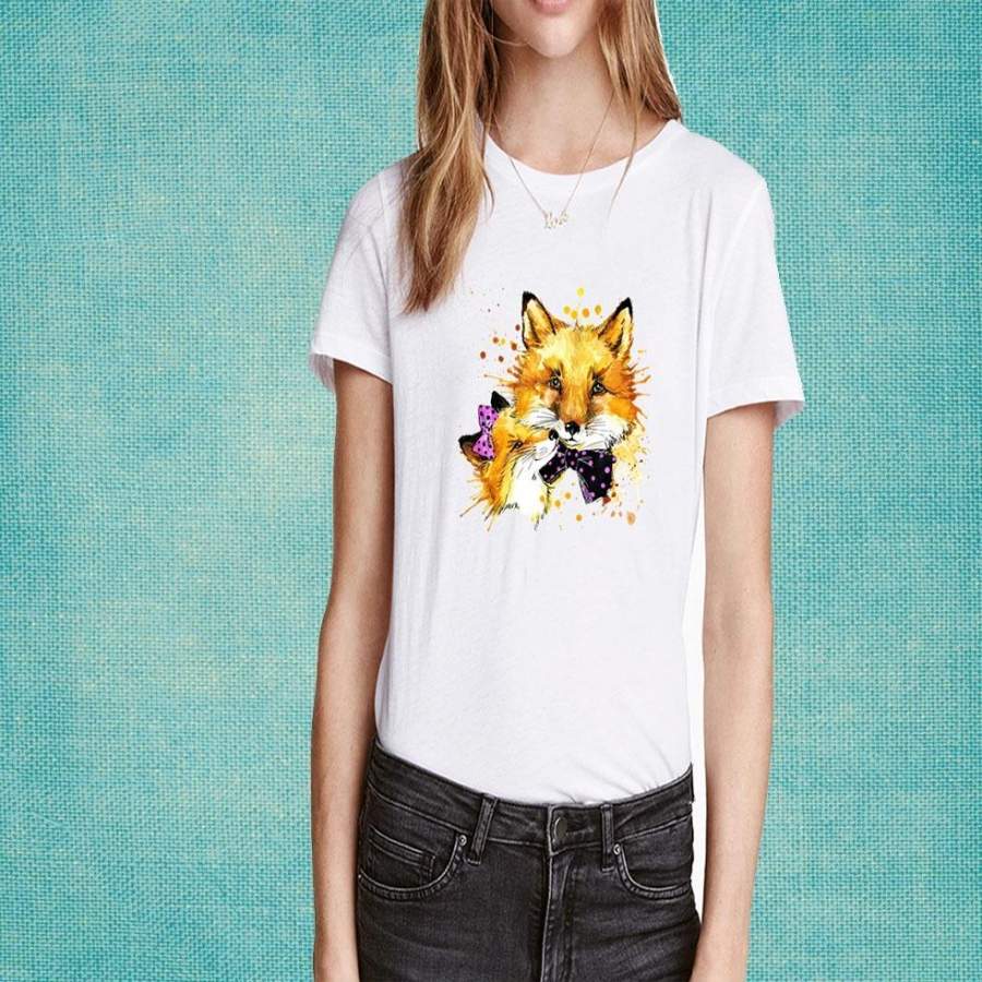 Cute Fox Women T-Shirts Summer O-Neck T Shirt For Women Tops White High Quality Tshirt Loose Fit Harajuku Tee Shirt Femme