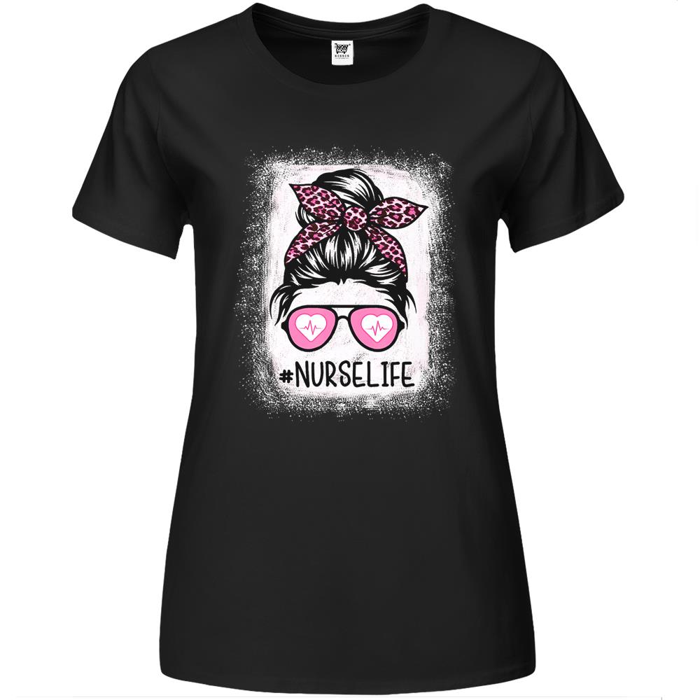 Nurse Life Bleached Shirts Pink Leopard Messy Bun Nurse Life Premium Womens T Shirts