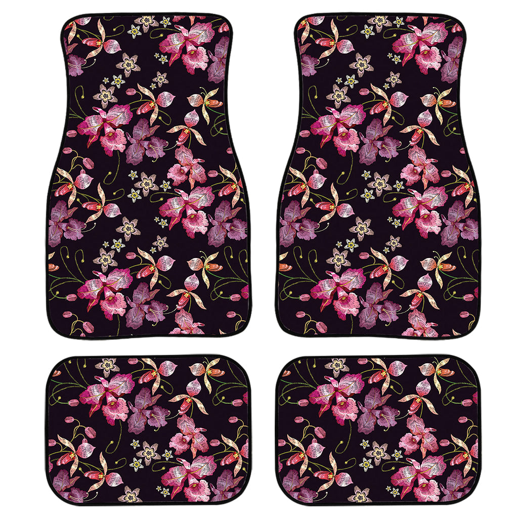 Embroidery Orchid Flower Pattern Print Front And Back Car Floor Mats, Front Car Mat