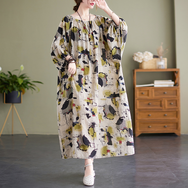 2022 New Tie Dye Print Floral Thin Soft Cotton Linen Loose Cozy Summer Dress Women Travel Style Bohemia Long Maxi Casual Dress alx