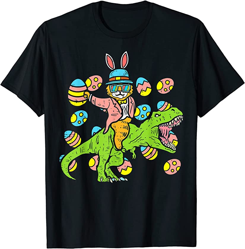 Cat Easter Bunny Riding Dino Trex Egg Hunt Dinosaur Boys Kid T-Shirt