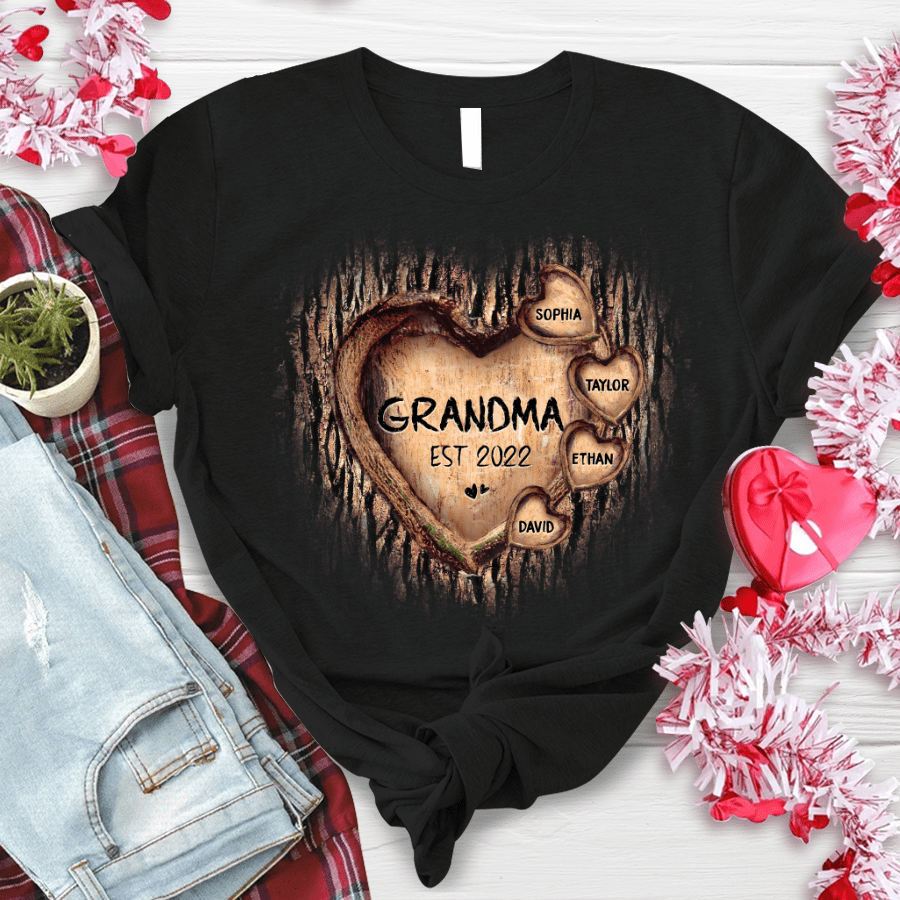 Personalized Heart Wooden Tree Grandma T Shirt, Gift For Nana, Mimi, Grandma