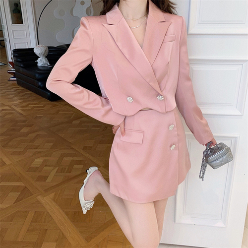 Sweet Girl Two-piece Suit Women’s Long Sleeve Lapel Show Thin Suit Short Coat High Waist A-line Skirt Fashion Female Clothes alx