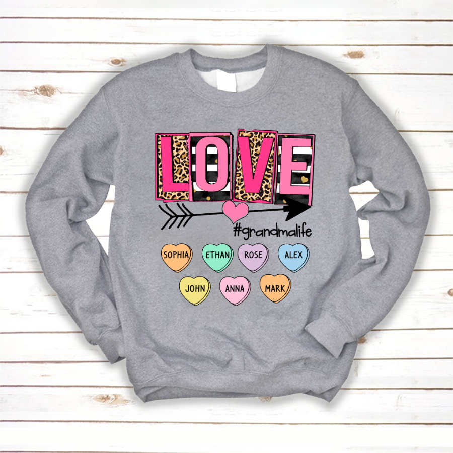 Valentines Love Shirt Personalized Grandma Heart Grandkids Names Sweatshirt