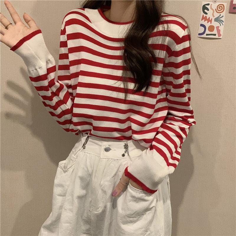 2021 Spring New Korean Versatile Stripe Contrast Loose Thin Knitted Sweater Round Neck Blouse Women alx