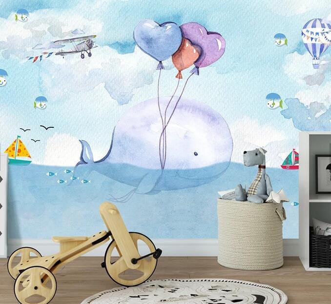 3D Kids, Cartoon, Whale, Balloons Wallpaper-Nursery