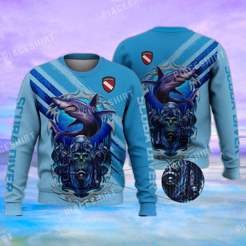 Skull Scuba Diver Deadly Shark Cool 3D Full Print Sweater