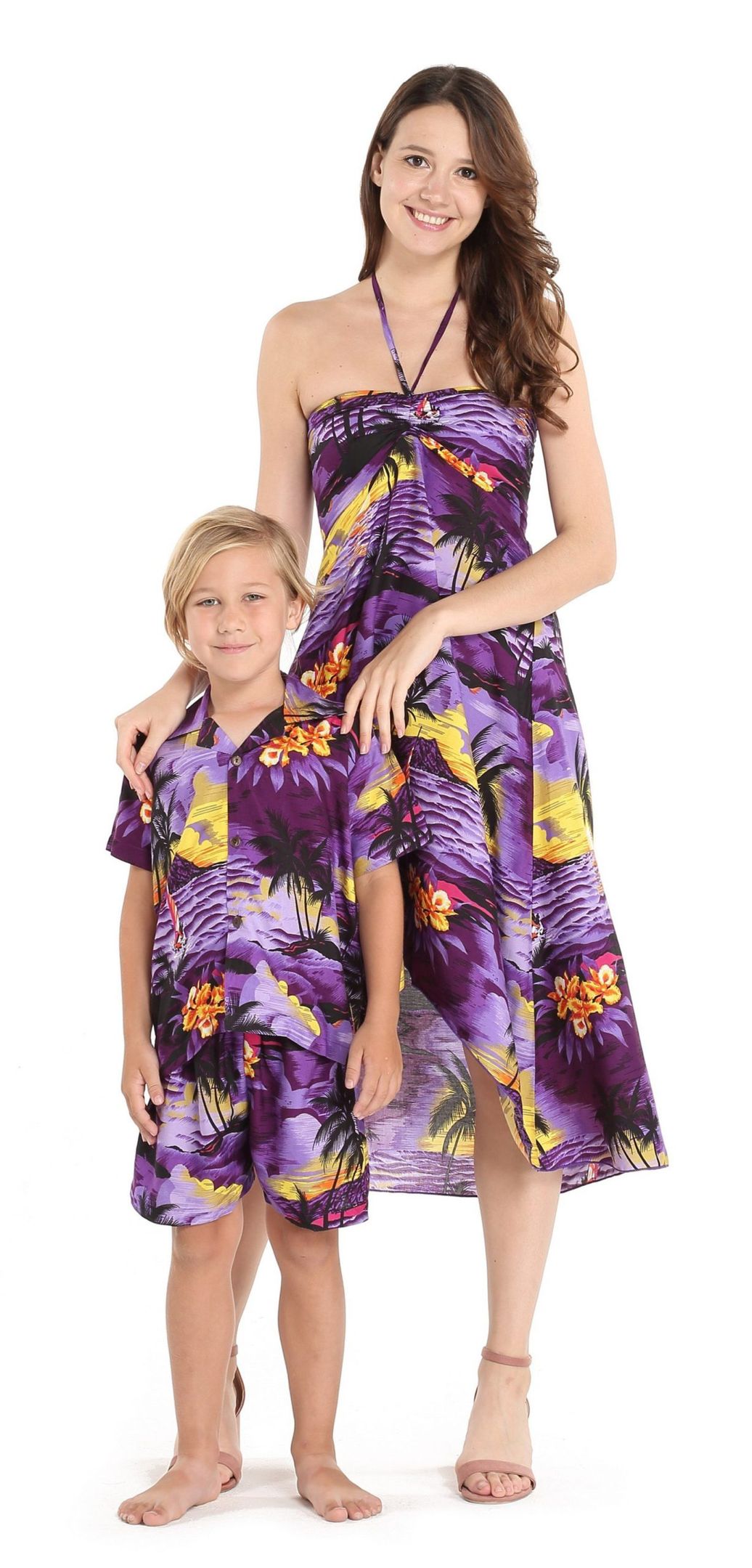 Matching Mother Son Hawaii Luau Outfit Dress Shirt In Sunset Purple Women Boy 2 Ha67633