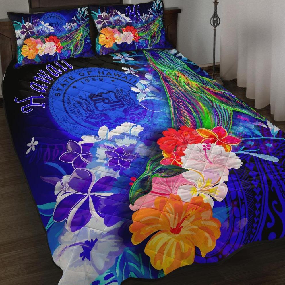 Polynesian Hawaii Quilt Bed Set – Humpback Whale with Tropical Flowers (Blue)- BN18