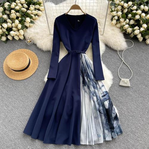 Aibeautyer New Autumn Casual Floral Print Slim Lady Full Dress A Line V Neck Chiffon Pullover High Waist Mid-Calf Women Dresses alx