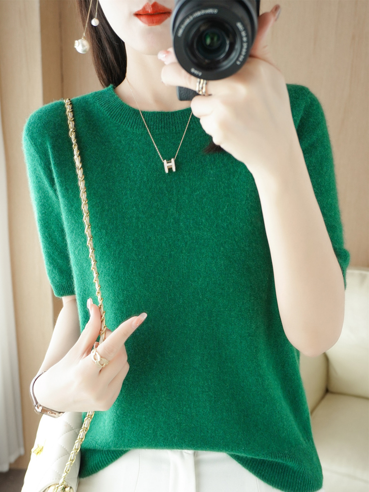 Spring and Summer New Short-sleeved Women O-neck Slim Wool Cotton Blend Pullover Vest T-shirt Knitted Base Sweater alx