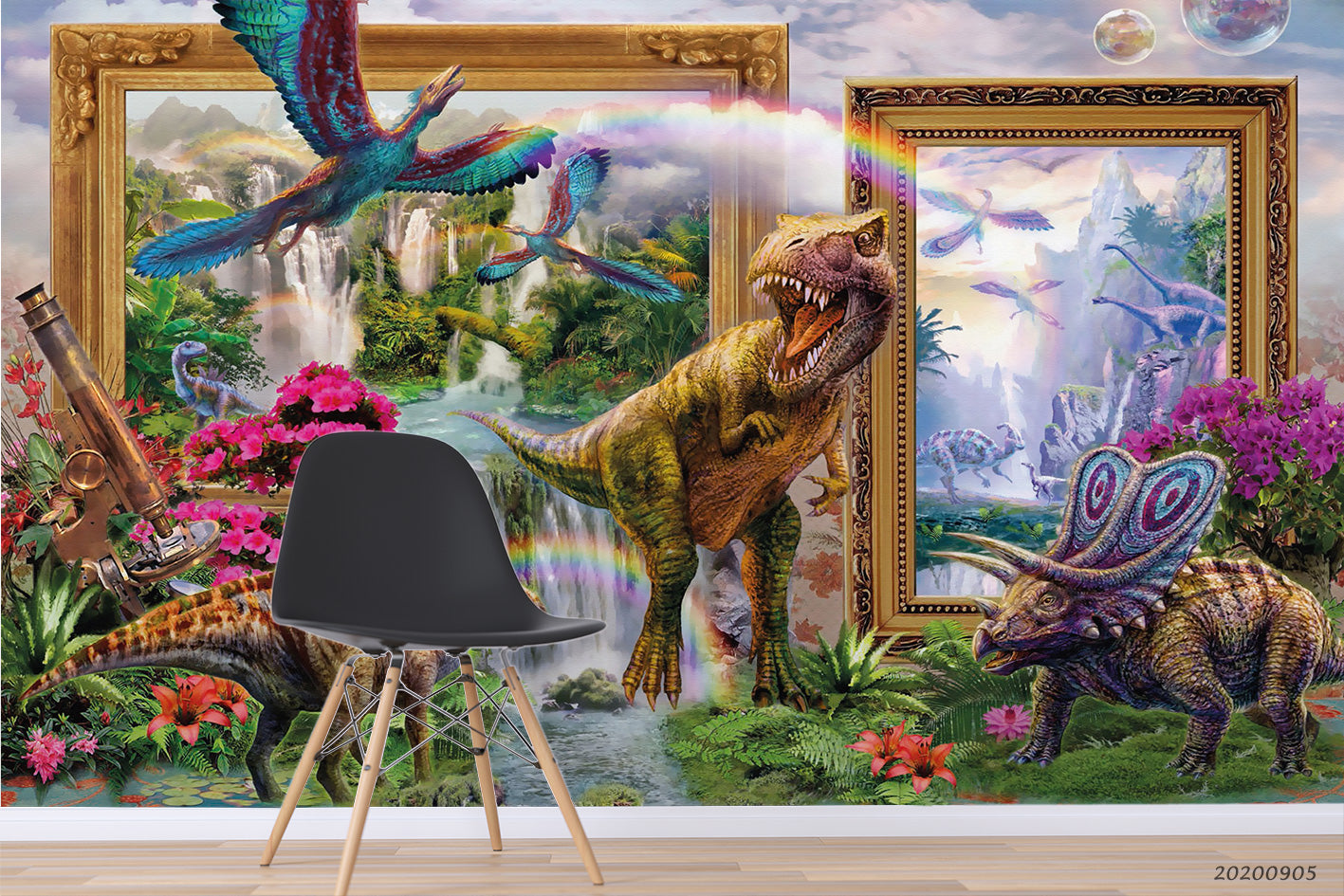 3D Hand Drawn Oil Painting Landscape Painting Frame Dinosaur Rainbow Flower Tropical Plant Wall Mural Wallpaper Gd 2113