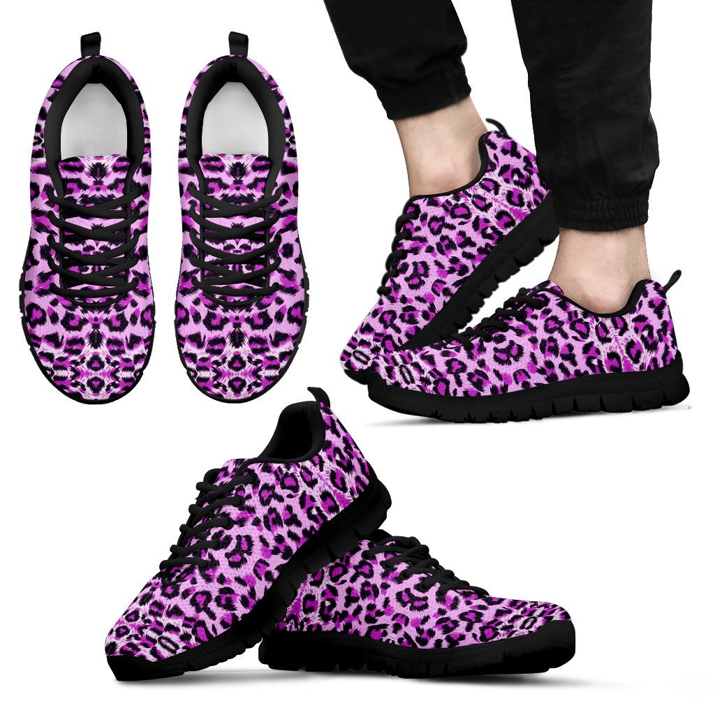 Purple Cheetah Leopard Pattern Print Black Sneaker Shoes For Men Women