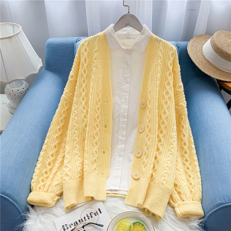 Women Thick Loose Knitted Cardigan Sweater Vintage Long Sleeve Button-up Female Outerwear Chic Tops alx