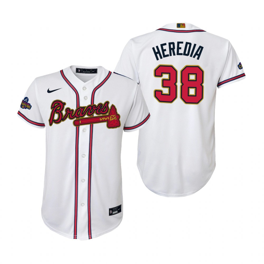 Youth Guillermo Heredia 38 Jersey, Atlanta Braves White 2022-23 Gold Program Jersey