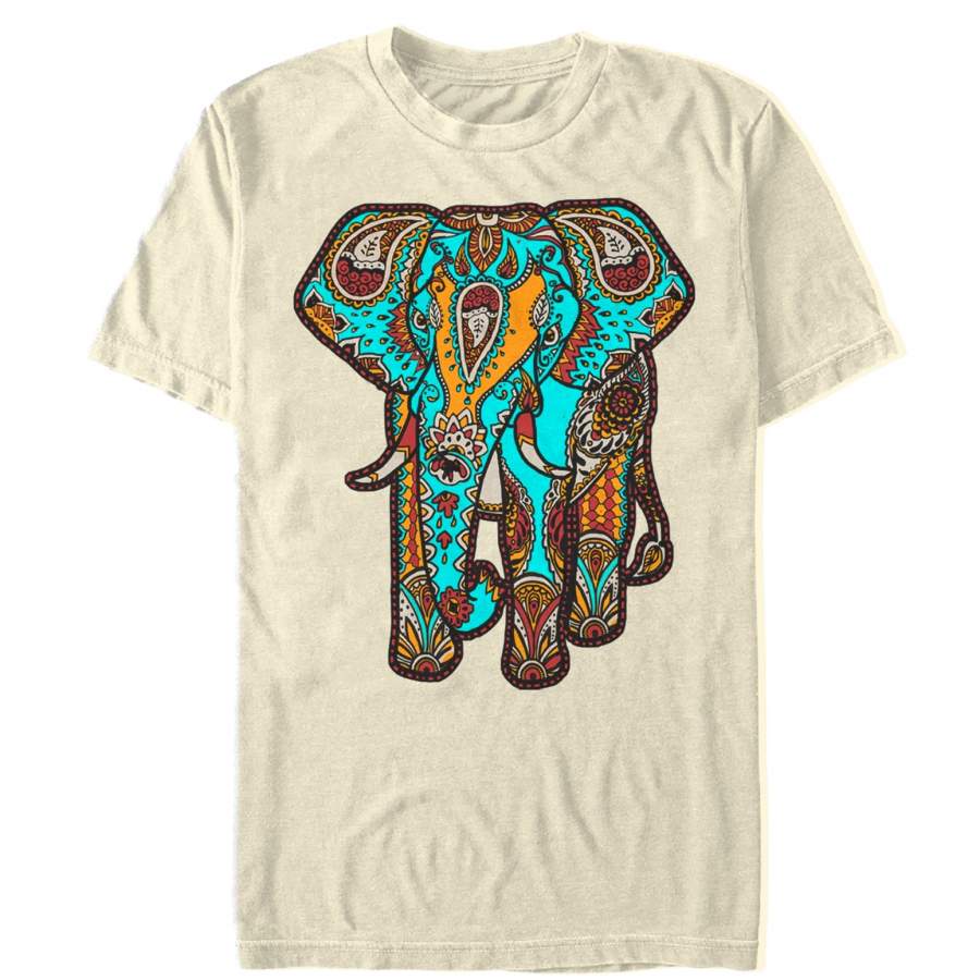 Lost Gods Men’s Henna Elephant Print  T Shirt Cream