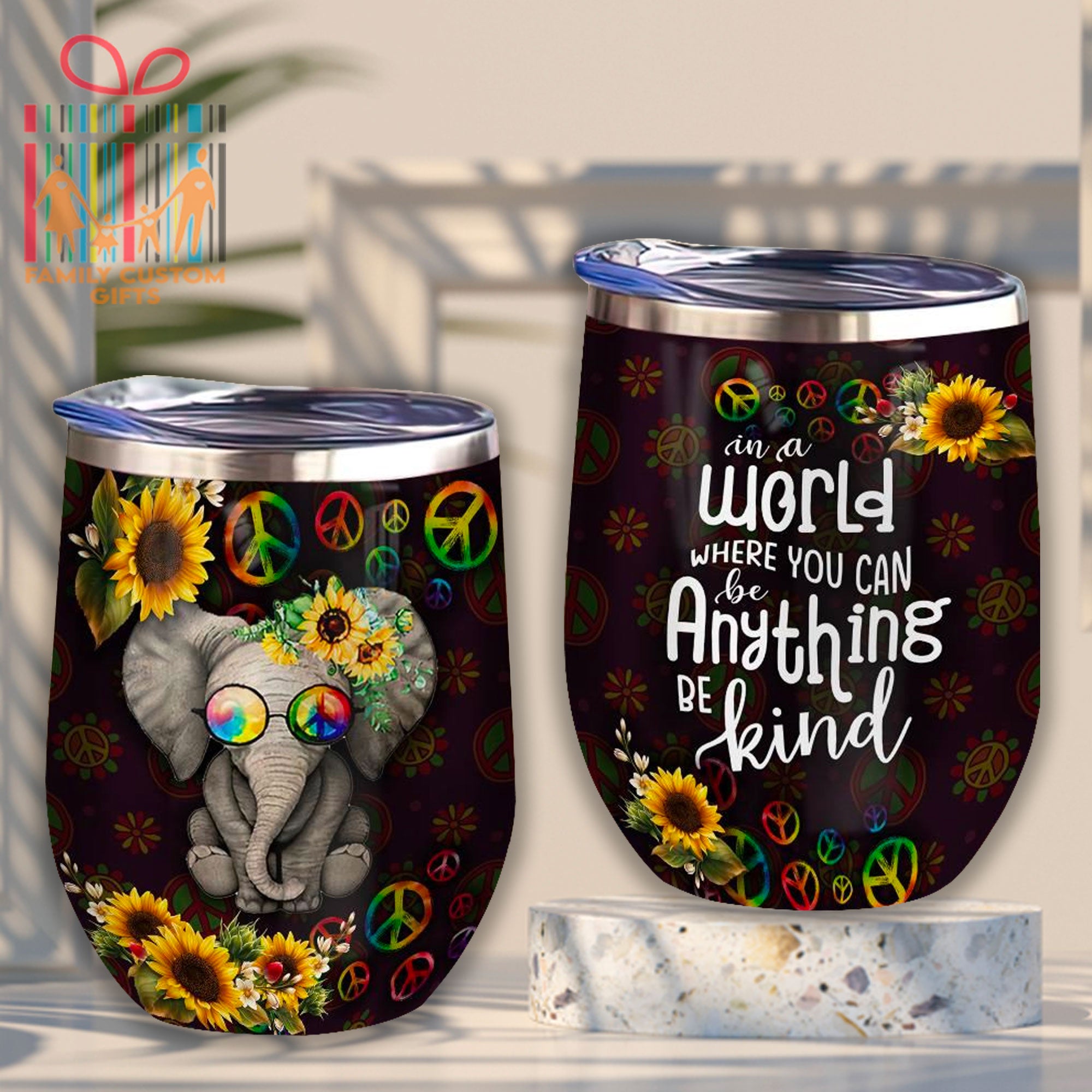 In A World Where You Can Be Anything Be Kind Hippie Elephant Custom Tumbler Cups Stainless Steel Wine Glasses