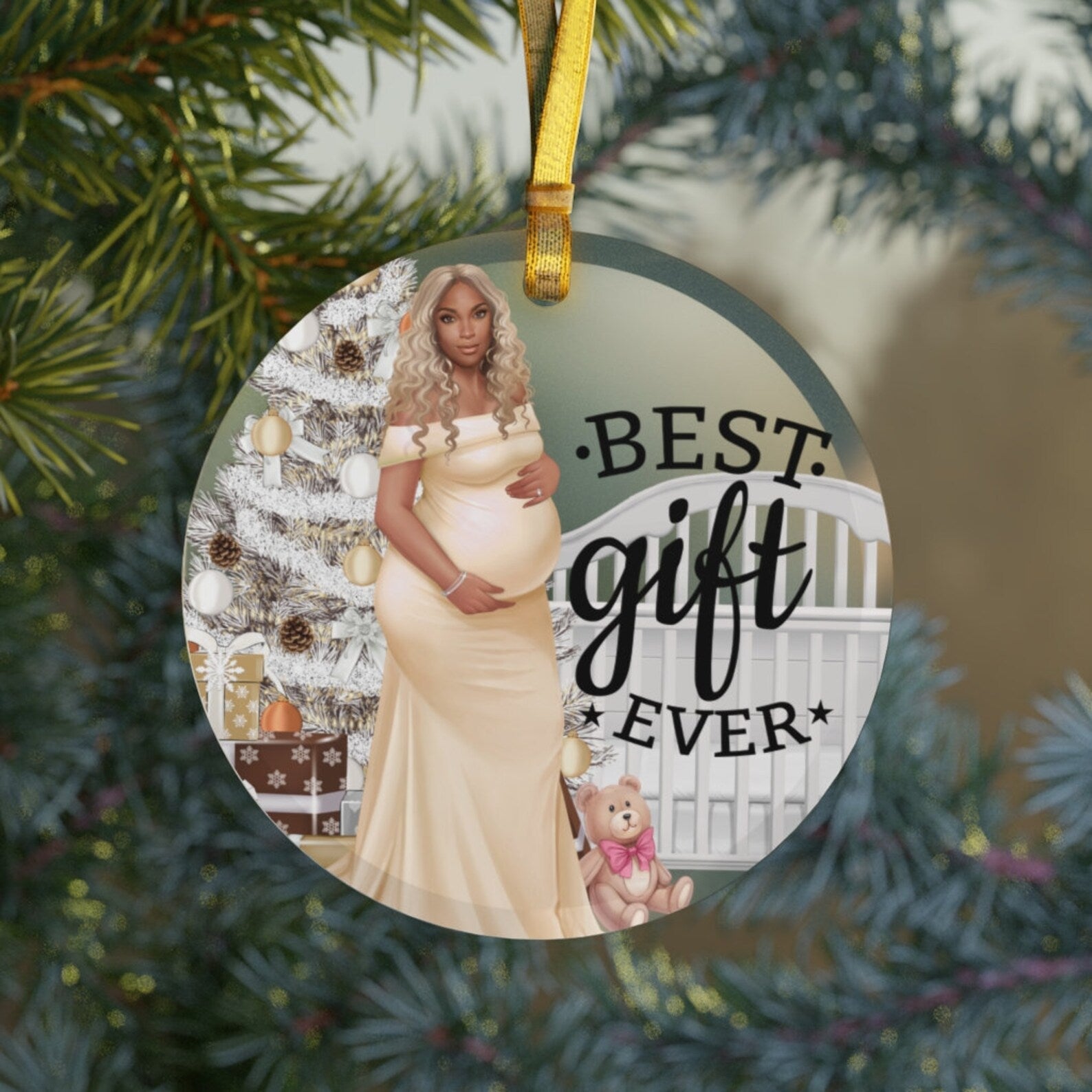 Pregnancy Blonde Black Girl Christmasblack Mompregnant Pregnancy Announcementblack Baby Showerbest Gift Ever Christmas Ornament