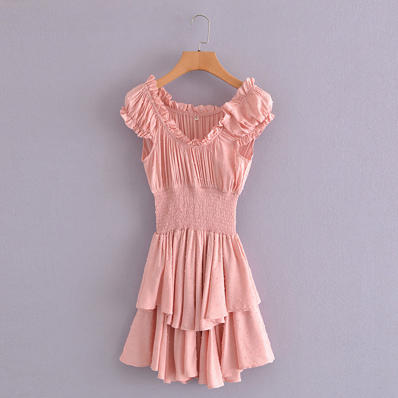 Boho Queens Women Pink Off Shoulder Bohemian Cotton Mini Sundress Ladies Ruffle Elastic Waist V-neck Dress Vestidos alx