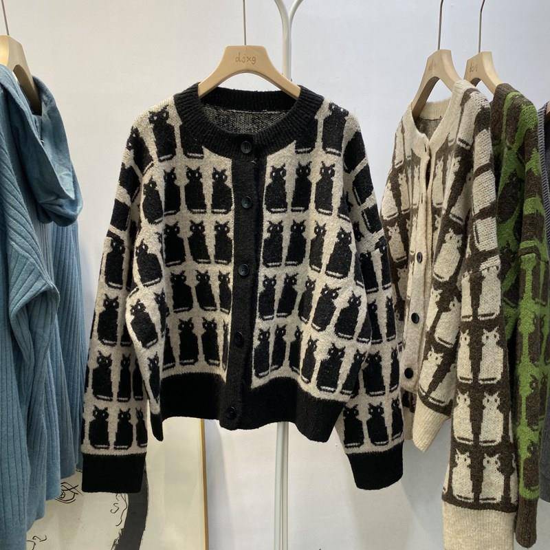 Vintage Cat Print Knitted Cardigan Women Autumn Korean Style O-Neck Loose Sweater Coat All-match Thick Warm Casual Jumper Tops alx