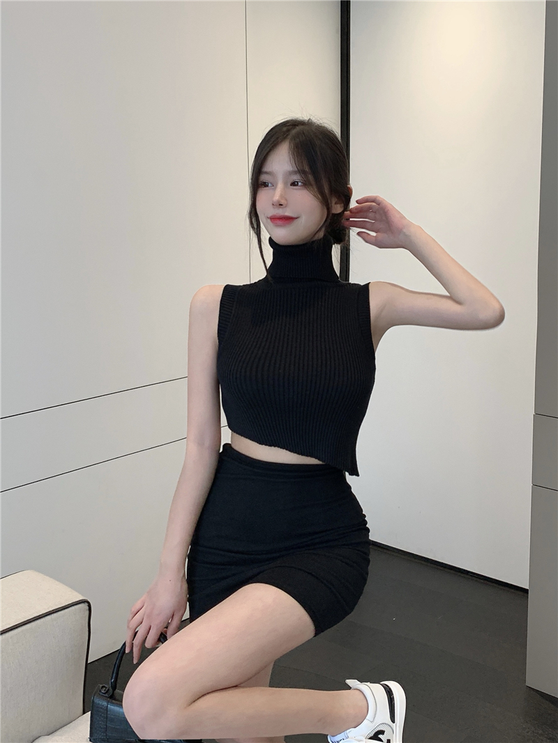 Woman Sexy Knitted Sweaters Solid Color Sweet Women Turtle Neck Irregular Outwear Crop Tops Sleeveless Autumn 2021 New alx