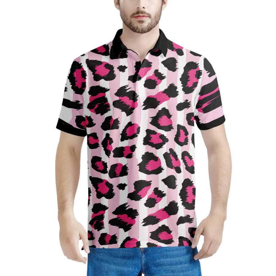 Pink Striped Leopard Men’s Polo Shirts