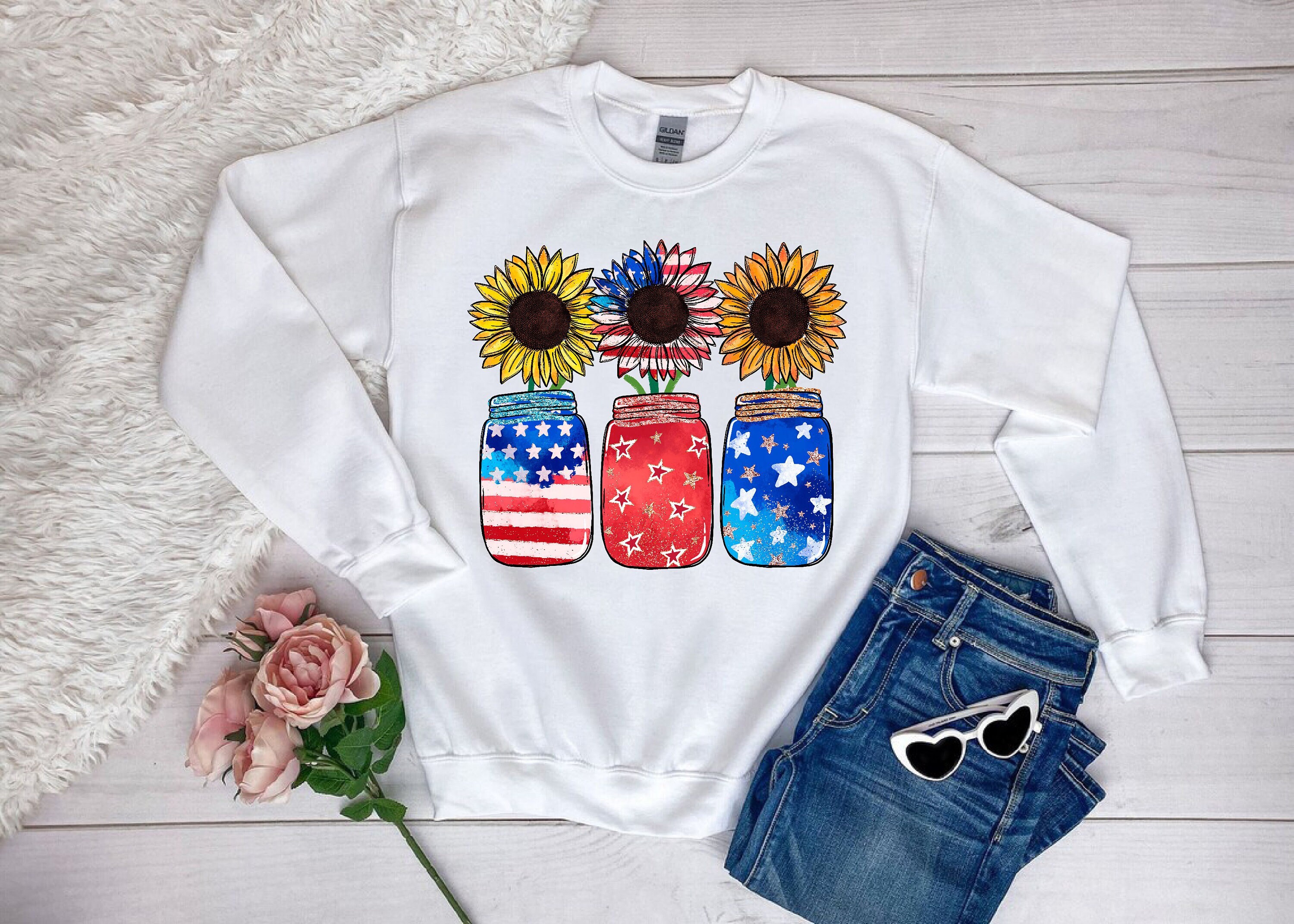 America Sunflower Sweatshirt, 4th of July Sweat,Women Patriotic Clothing,USA Flag Patriotic Sweat,Independence Day Gift,Floral Sweatshirt