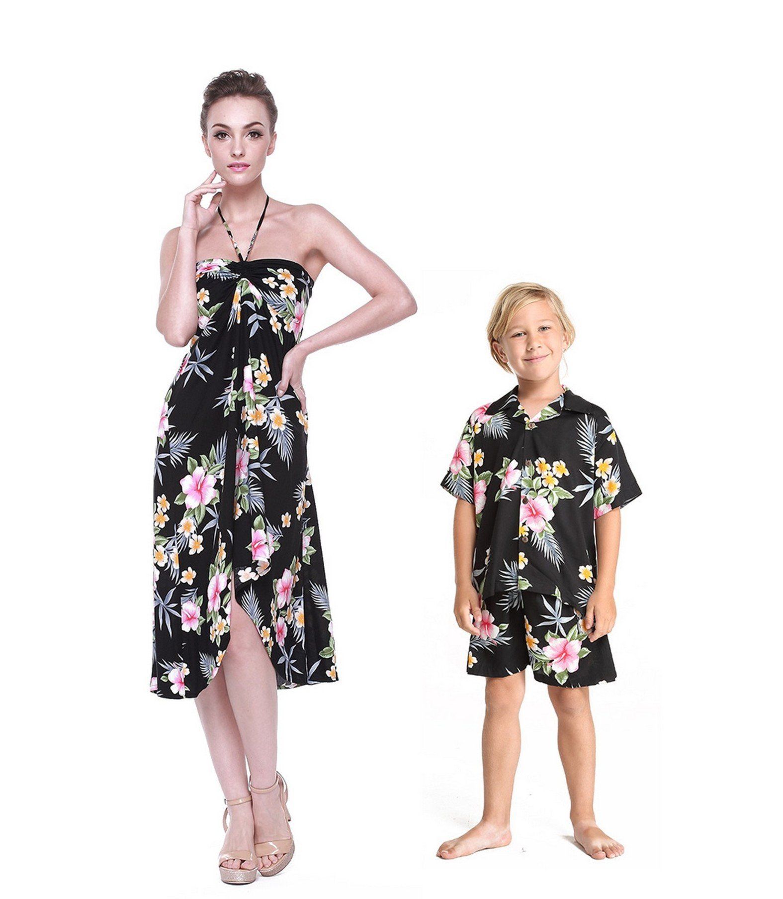 Matching Mother Son Hawaii Luau Outfit Dress Shirt In Hibiscus Black Women Boy 2 Ha98728