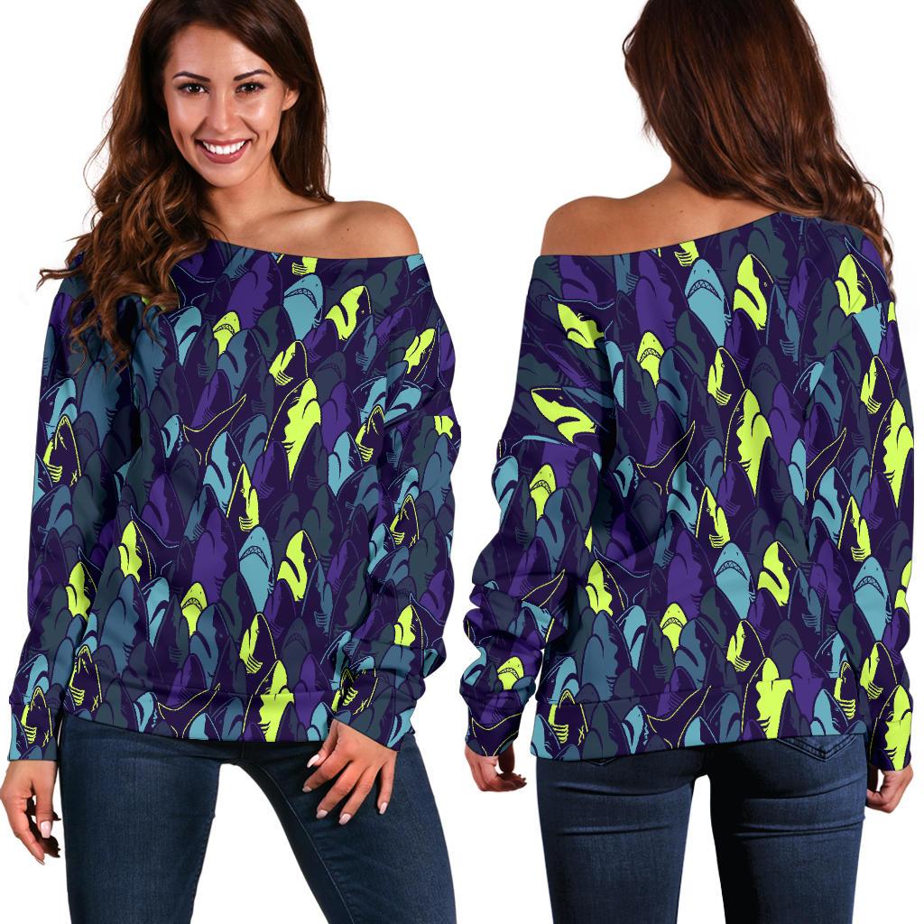 Shark Neon Color Print Off Shoulder Sweatshirt