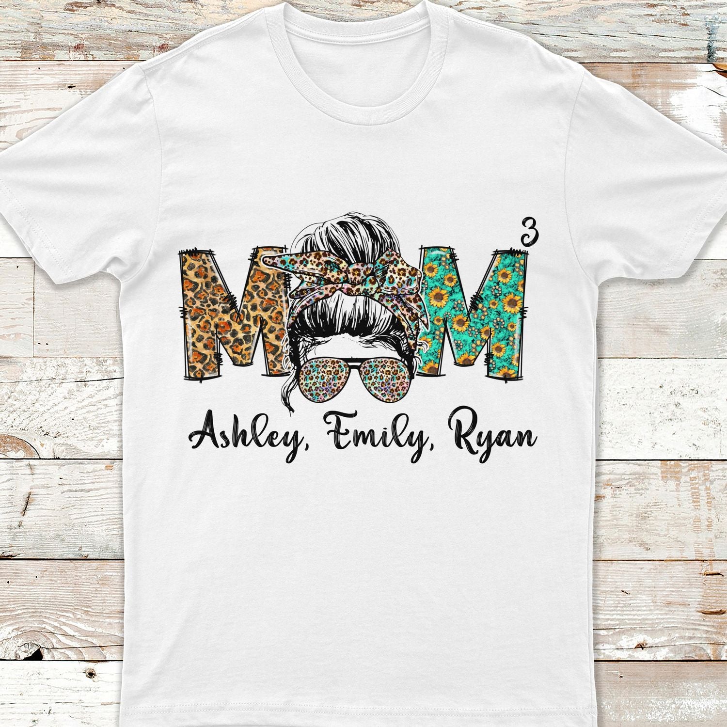 Personalized Christmas T-Shirt For Mom Messy Bun Hair Woman Leopard Floral Design Custom Kids Name