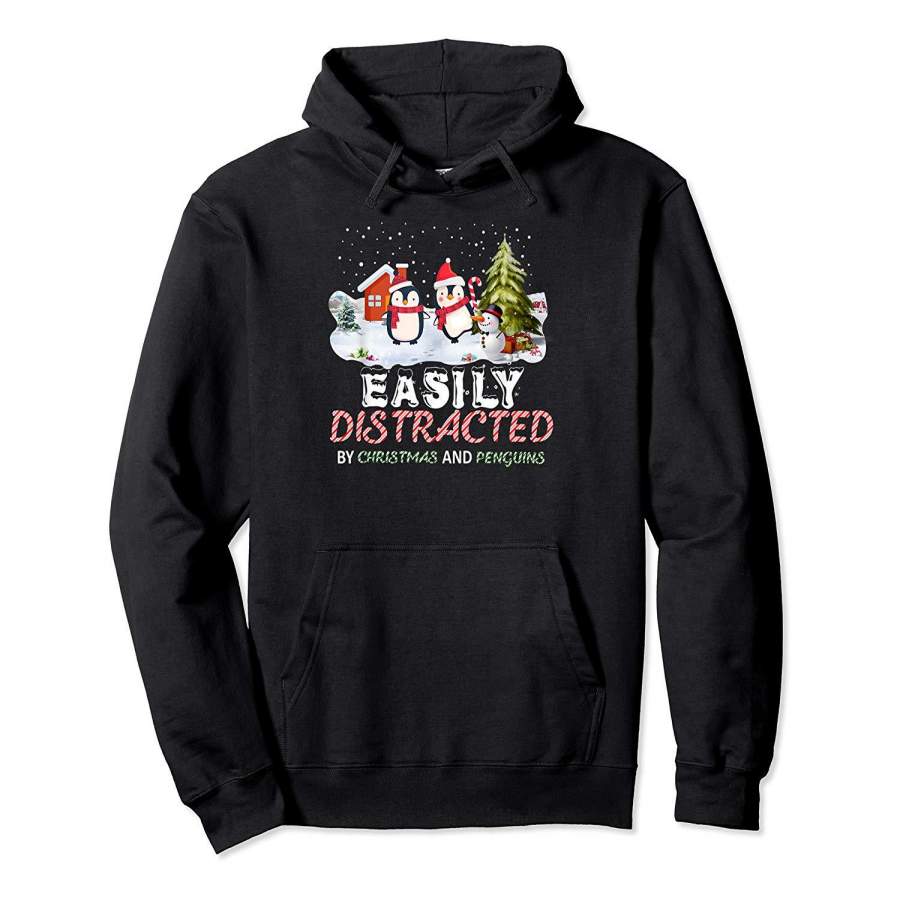 Easily Distracted By Christmas and Penguins Funny Xmas Gift Hoodie