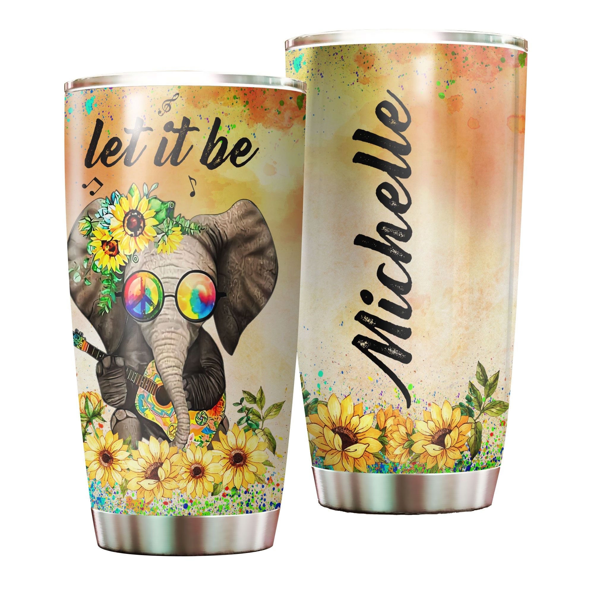 Personalized Elephant Let It Be Hippie Style Stainless Steel Tumbler-Double-Walled Insulation Cups With Lid Travel Mug