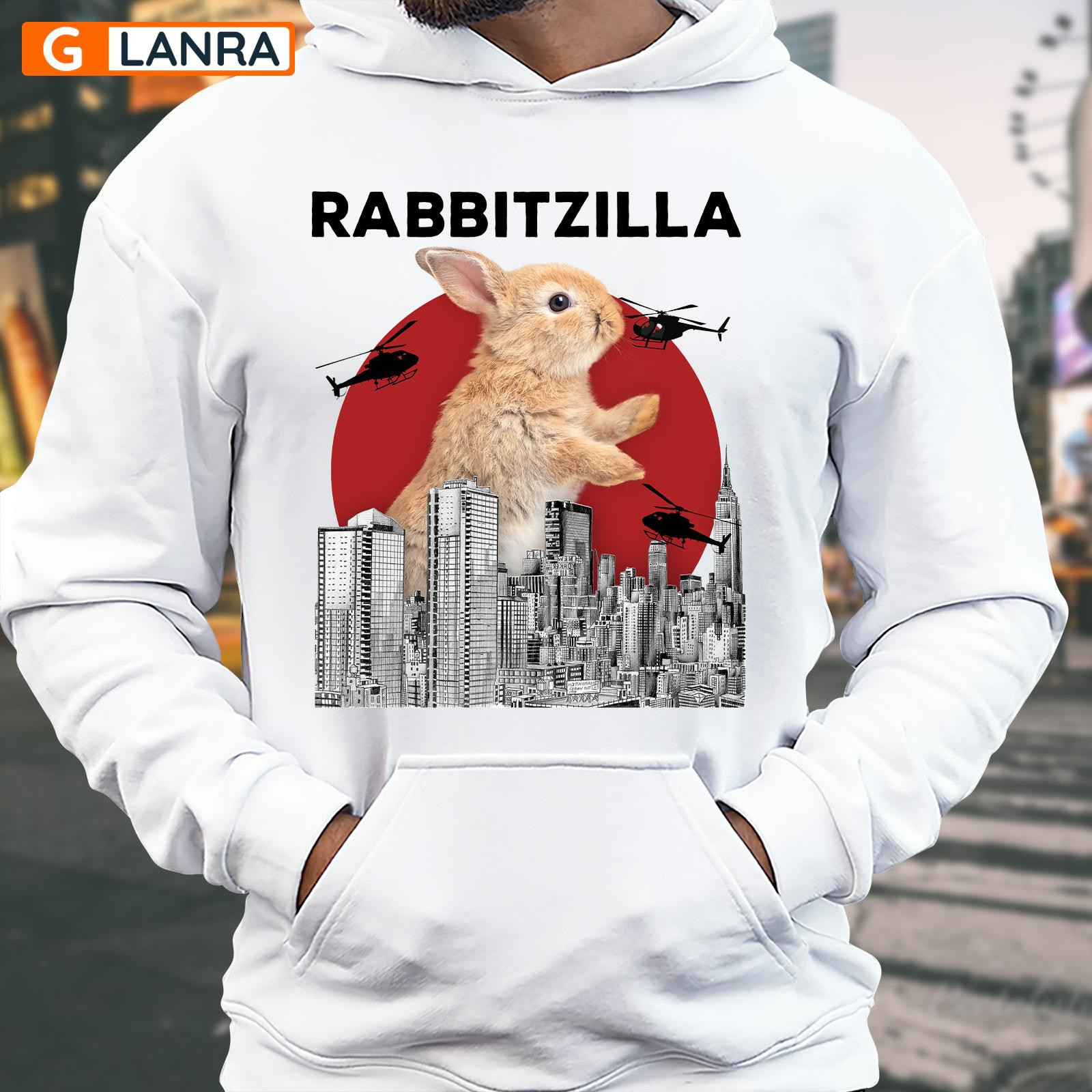 Rabbitzilla Hoodie, Rabbit Hoodie, Rabbit Farm Hoodie, Farm Animal Hoodie, Rabbit With Skyscraper And Helicopter Hoodie, Unisex Sweater, Sweatshirt