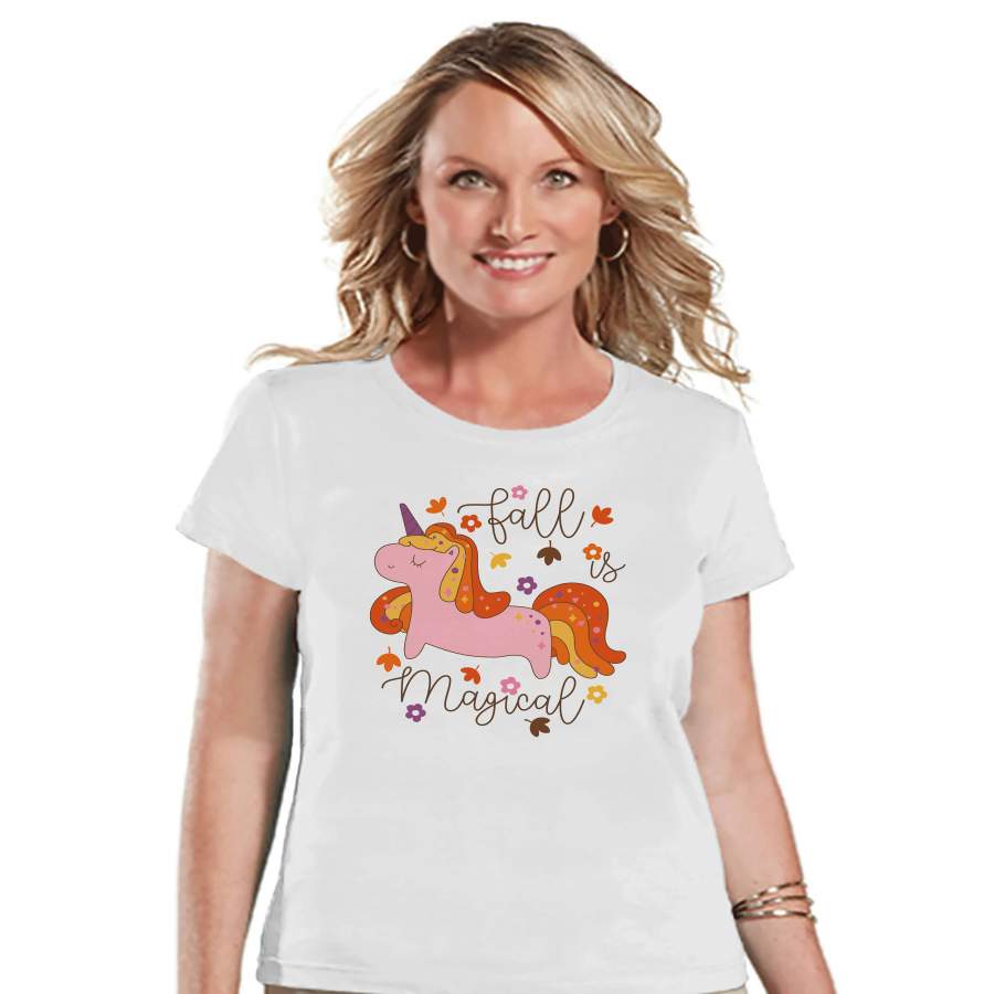 Women’s Unicorn Shirt – Fall is Magical – Autumn Unicorn T-shirt – Womens White T-shirt – Cute Fall Unicorn Shirt – Gift for Her