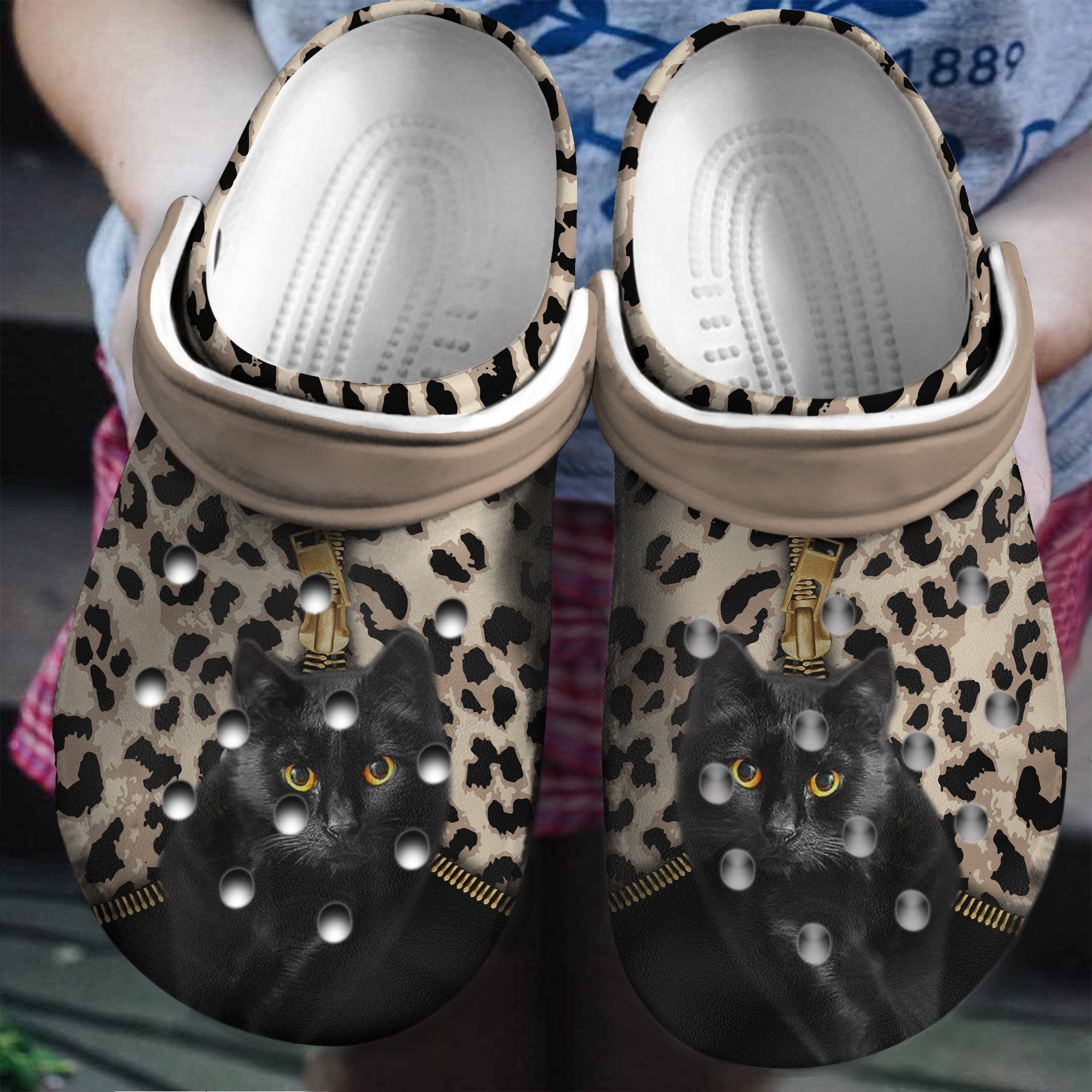 Black Cat Zipper Leopard Shoes Crocs Clogs Gifts For Men Women