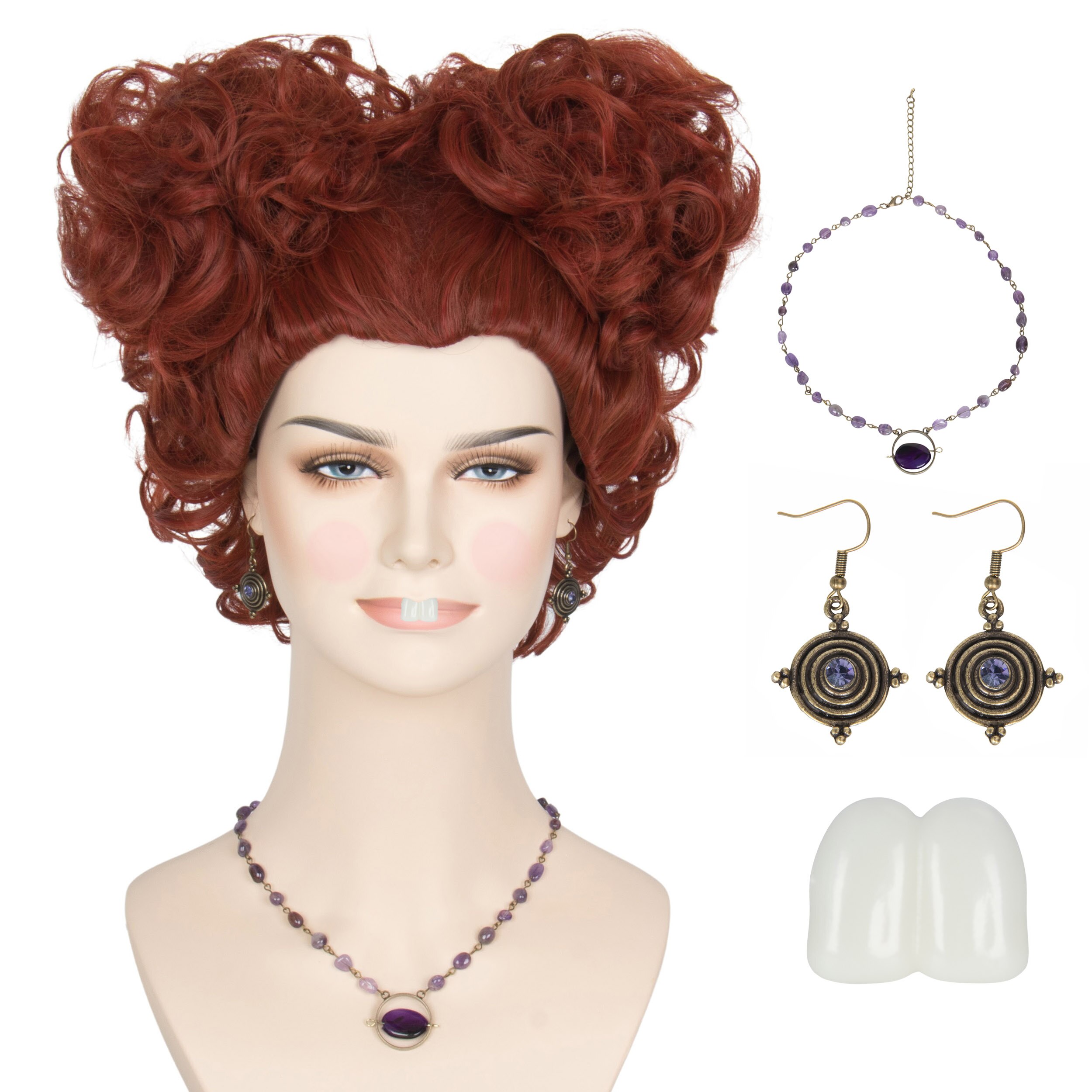 Yandream Winifred sanderson Wig and Teech Short Curly Reddish Brown Wig Necklace Earrings Costume Halloween Wig alx