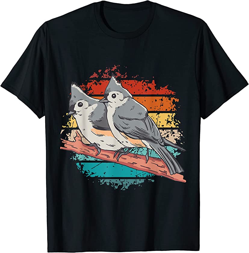 Vintage twin tufted titmouse bird, black-crested titmouse T-Shirt