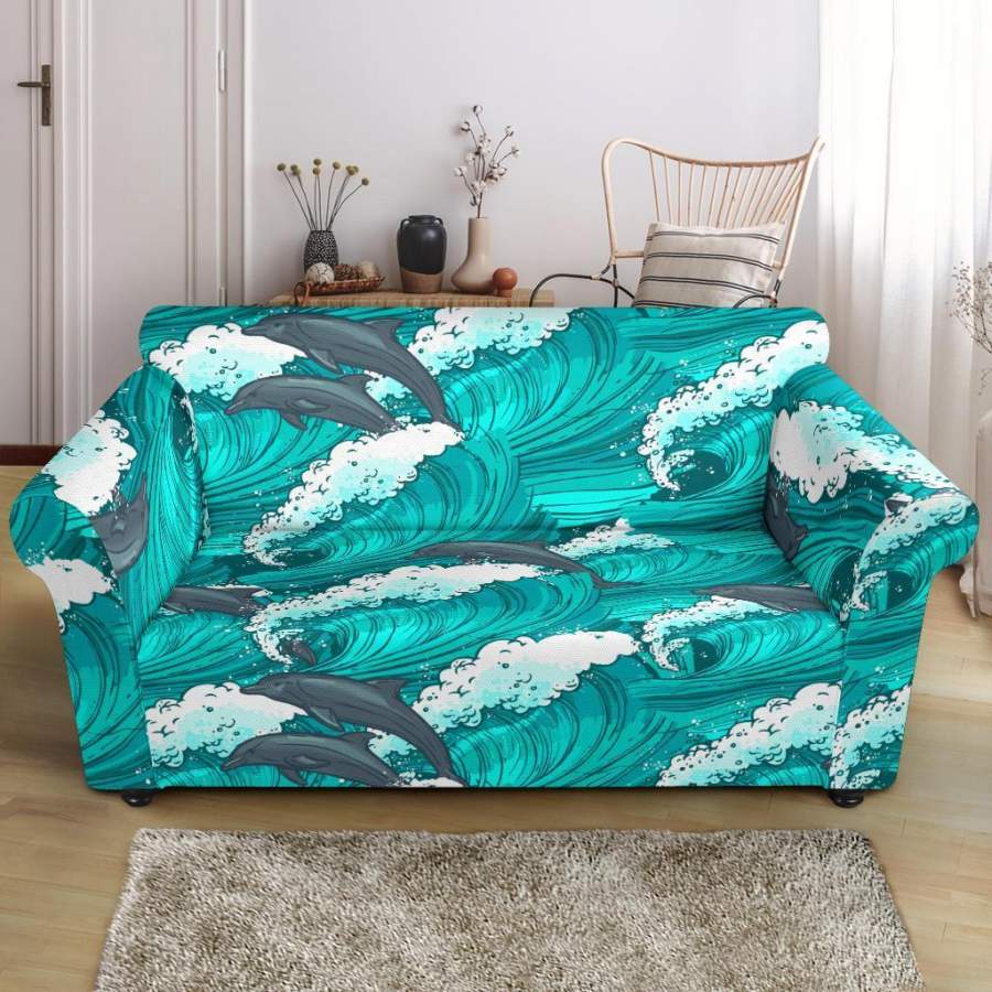 Dolphin Wave Pattern Print Loveseat Cover