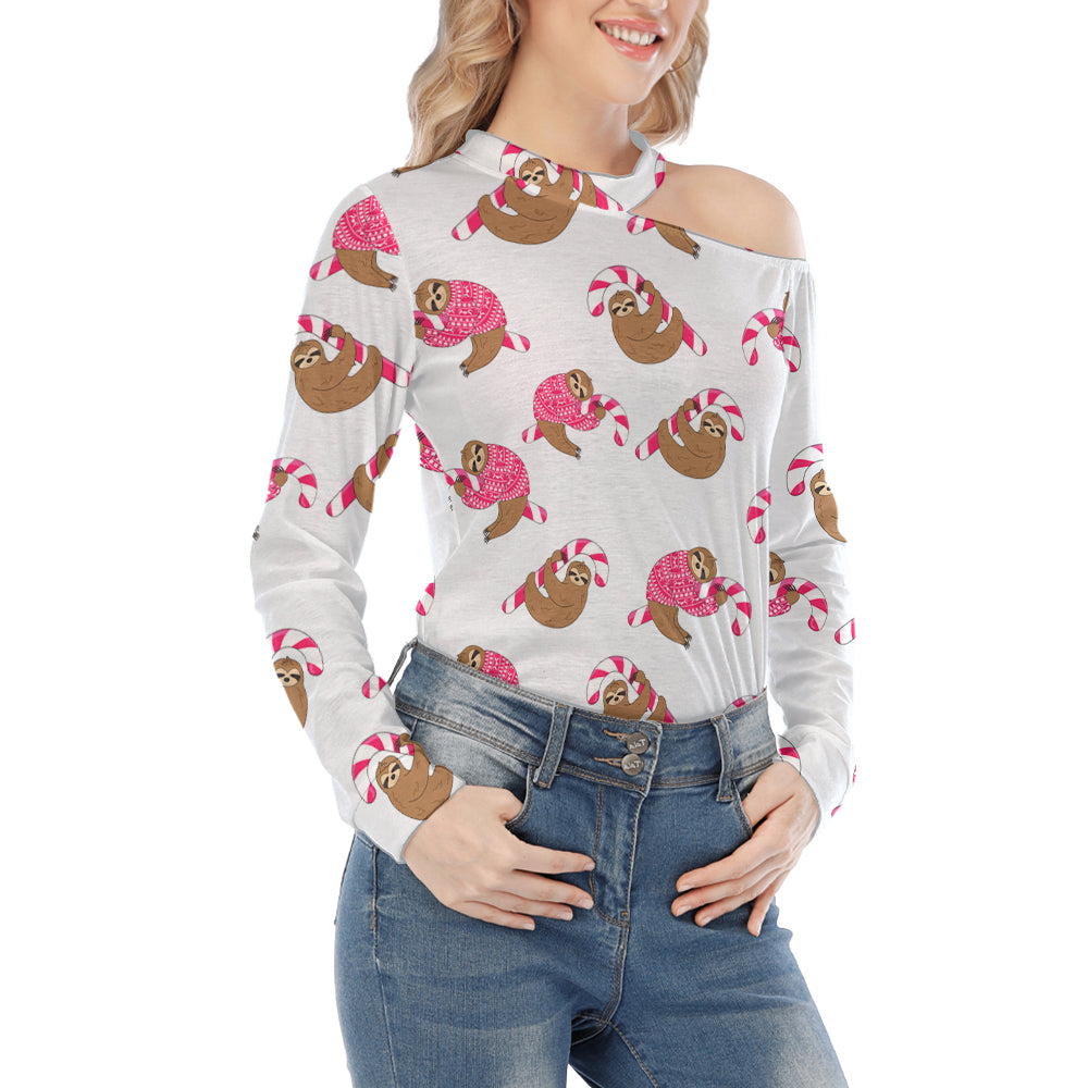 Sloth And Candy Cane Off Shoulder Knitted Long Sleeve T-Shirt