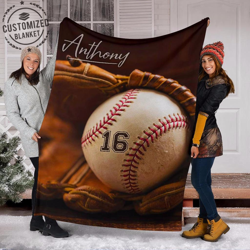 Baseball – Vintage Glove – Personalized Name Fleece Blanket Custom Text Print 3D, Unisex, Kid, Adult