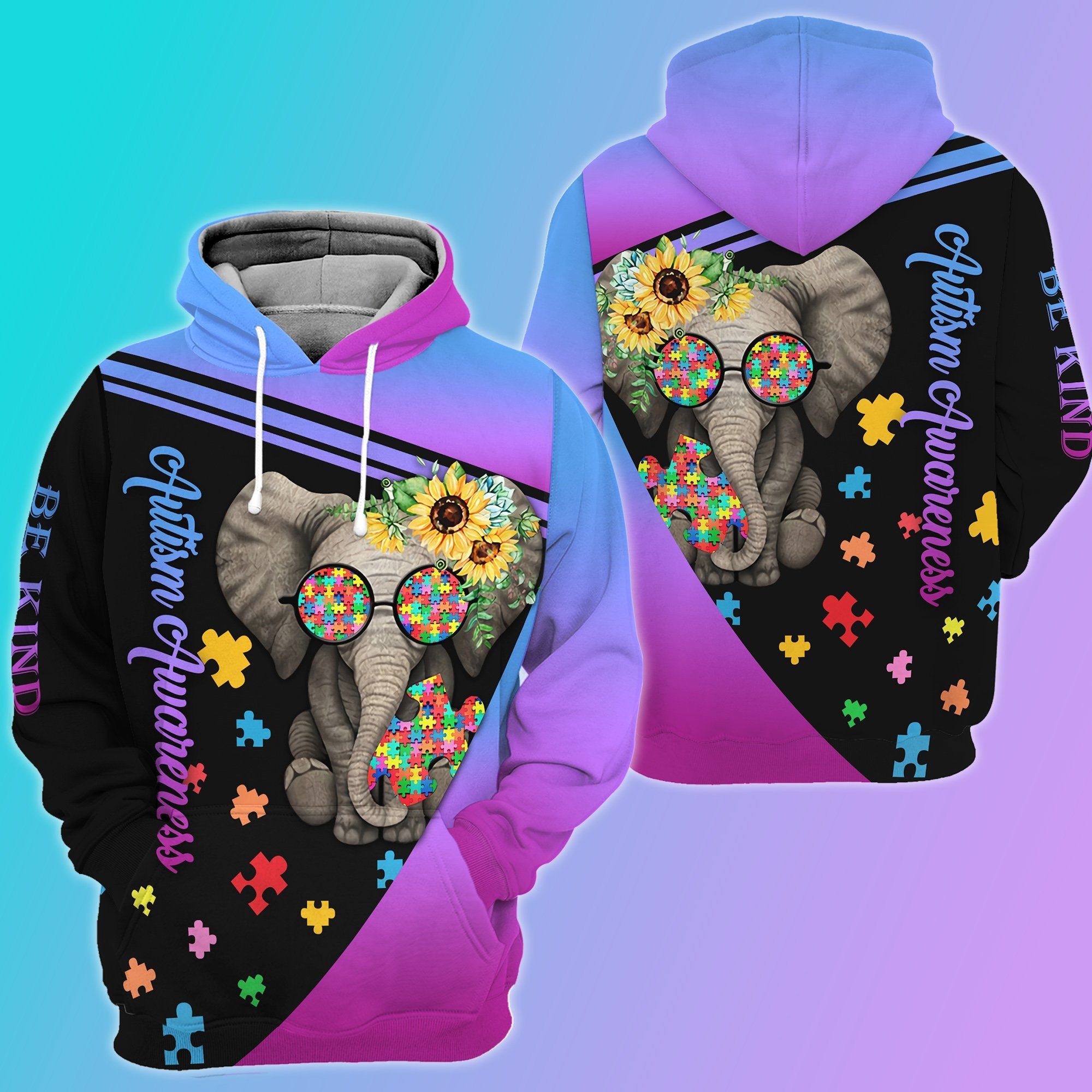 Gifury Elephant Autism Hoodie Elephant Colorful Puzzle Piece Hoodie Autism Apparel 2022